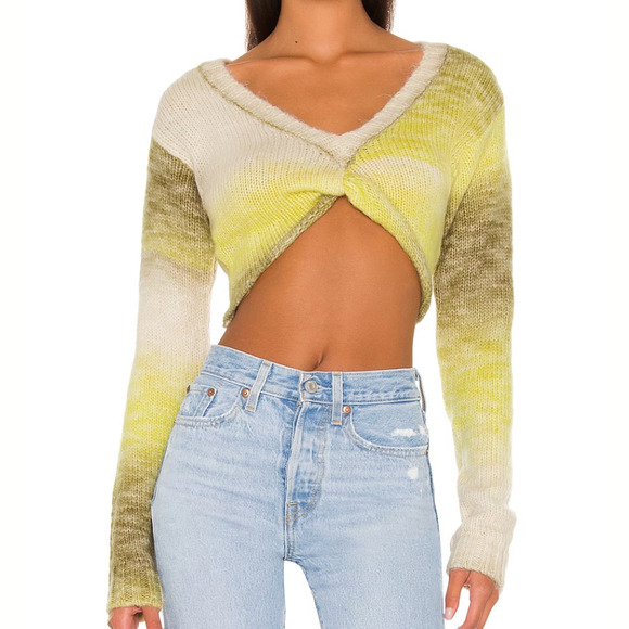 For Love and Lemons Yellow Twist Tie Knot Crop Knit Pullover Sweater Size Medium - Picture 1 of 8